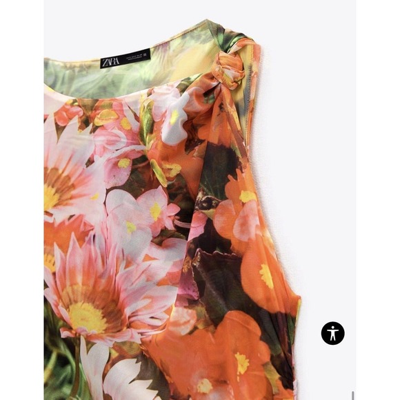 ZARA WOMENS LONG DRAPED FLORAL PRINTED TULLE DRESS SLIT sz M (B26) - Picture 9 of 16